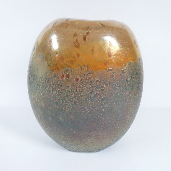 Art Glass Vase Thick Blown Glass Marigold Iridescent Textured - Picture 1 of 14
